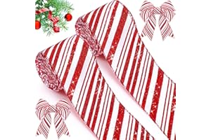 YSLEEN 2 Rolls 20 Yards Red and White Striped Ribbons, 2.5 Inch Wide - Candy Cane Glitter Ribbons for Christmas Tree and Gift Wrapping