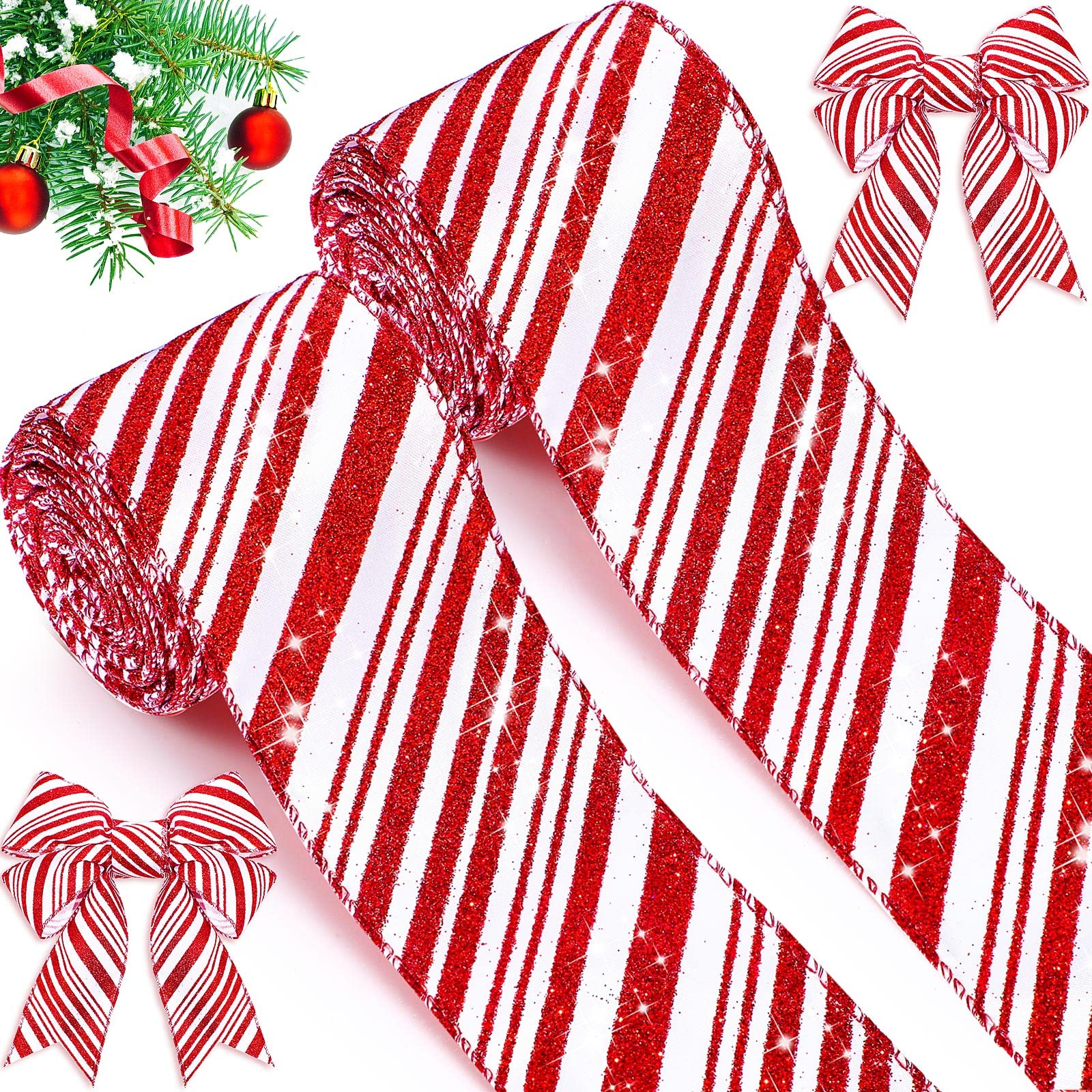 Photo 1 of 2 Rolls 20 Yards Red and White Striped Ribbons, 2.5 Inch Wide - Candy Cane Glitter Ribbons for Christmas Tree and Gift Wrapping
