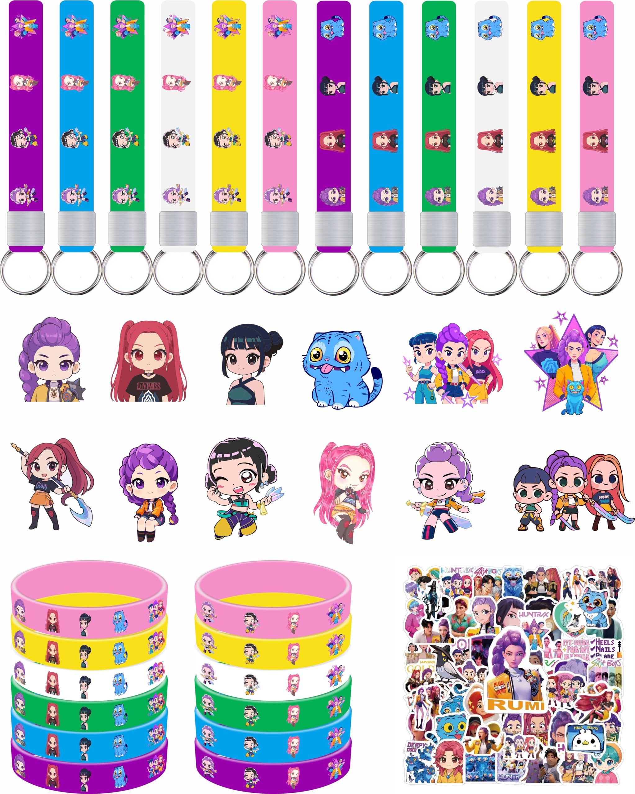 SZCFVHB Demon Movie Hunters Birthday Party Supplies, 86pcs Birthday Party decorations Set Included 12 Bracelets, 12 Acrylic Pins, 12 Keychains, 50 Stickers, for Boys and Girls Cartoon Theme Party.