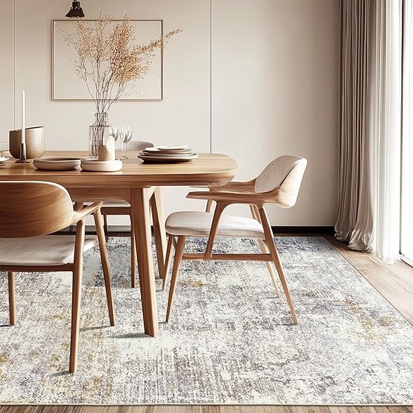 6X9 MODERN ABSTRACT AREA RUGS WASHABLE LIVING ROOM RUG NON-SLIP SOFT CARPET 0.25″ THIN INDOOR FLOOR NON-SHEDDING RUGS FOR BEDROOM, DINING ROOM, FARMHOUSE, NURSERY HOME, OFFICE, BEIGE