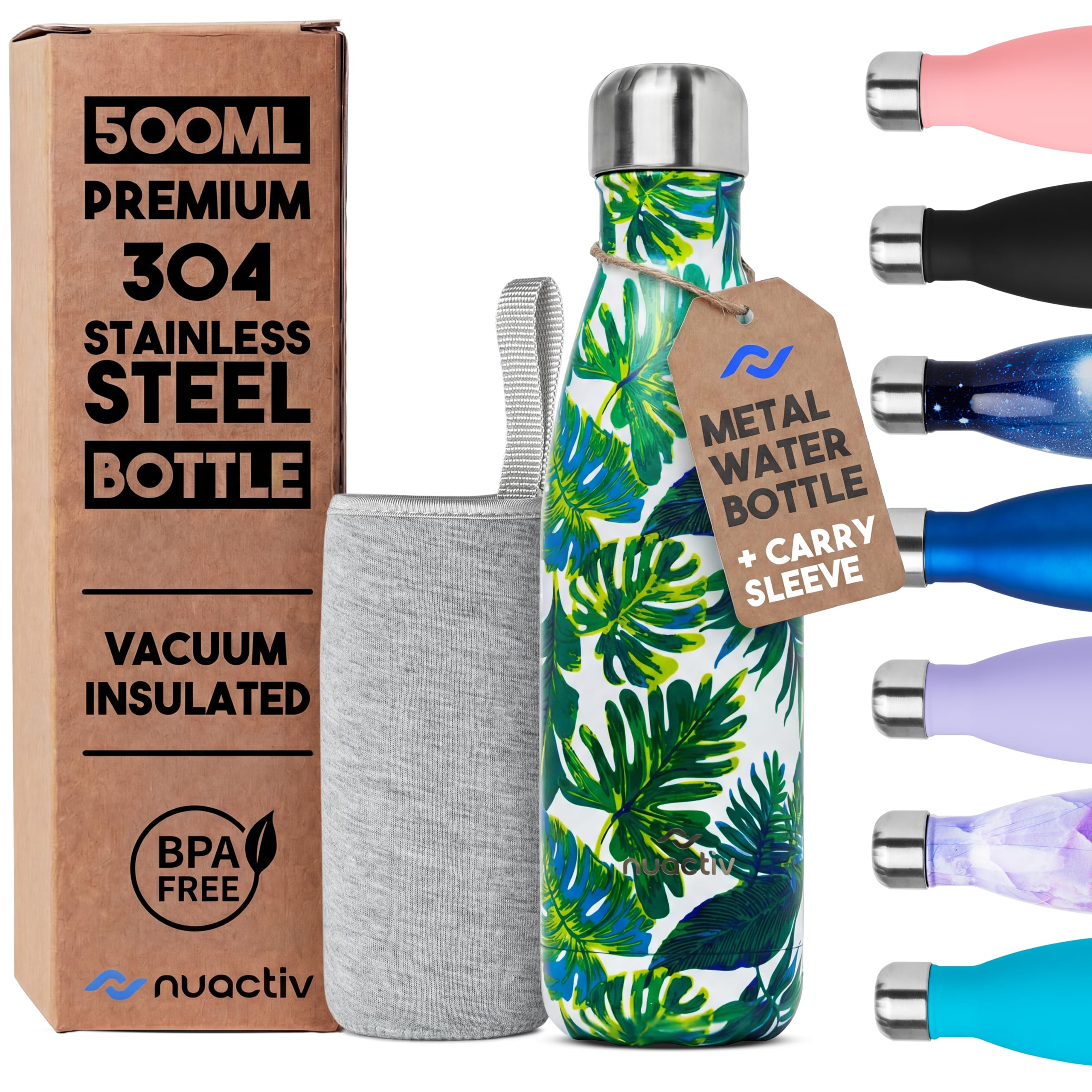 Nuactiv Stainless Steel Water Bottle 500ml, Vacuum Insulated Metal Flask, Leakproof, BPA Free, Reusable Sports Flask, Keeps Drinks Cold 24h & Hot 12h, for Gym, Travel, Work & School