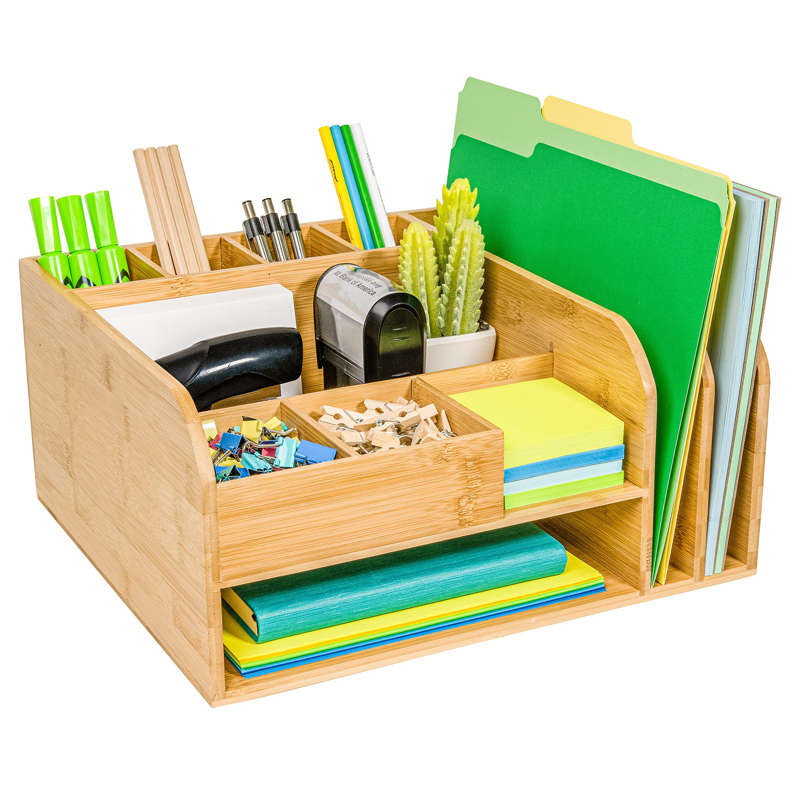 Photo 1 of MissionMax Bamboo Desk Organizer with attached Upright File Holders. Fully Assembled and Holds all your Accessories, Supplies and Storage needs for Office, Home and Classroom Organization