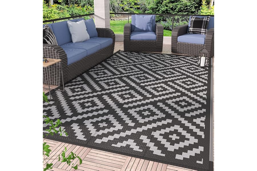 GENIMO Outdoor Rug for Patio Clearance,5'x8' Waterproof Mat,Reversible Plastic Camping Rugs,Rv,Porch,Deck,Camper,Balcony,Backyard,Black & Gray