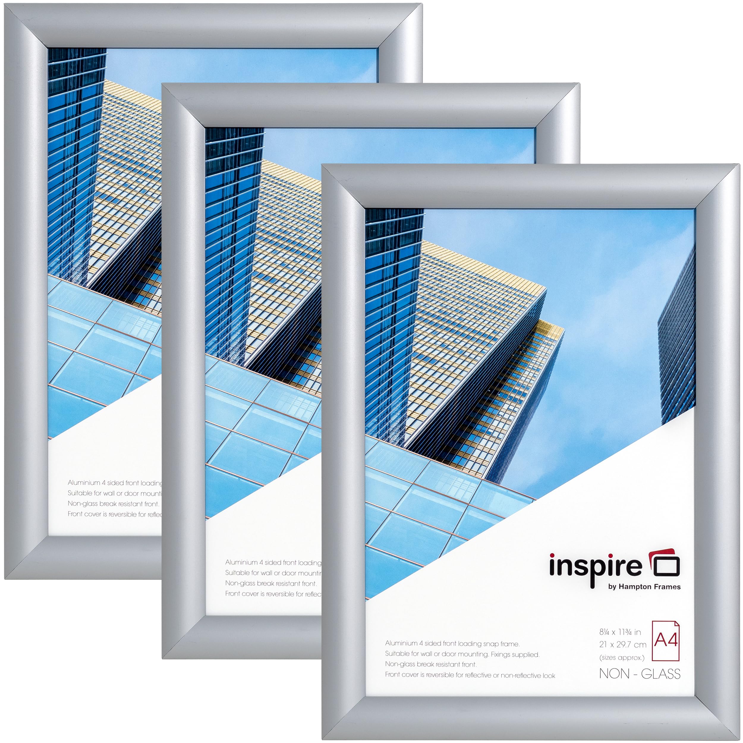 inspire by Hampton Frames | Snap Frame Pack, A4 (21x30cm), Silver, Satin Finish, Aluminium, Acrylic Front, Rectangular | Wall Mount, Metal | Easy Poster Change, Non Glass, Secure Display