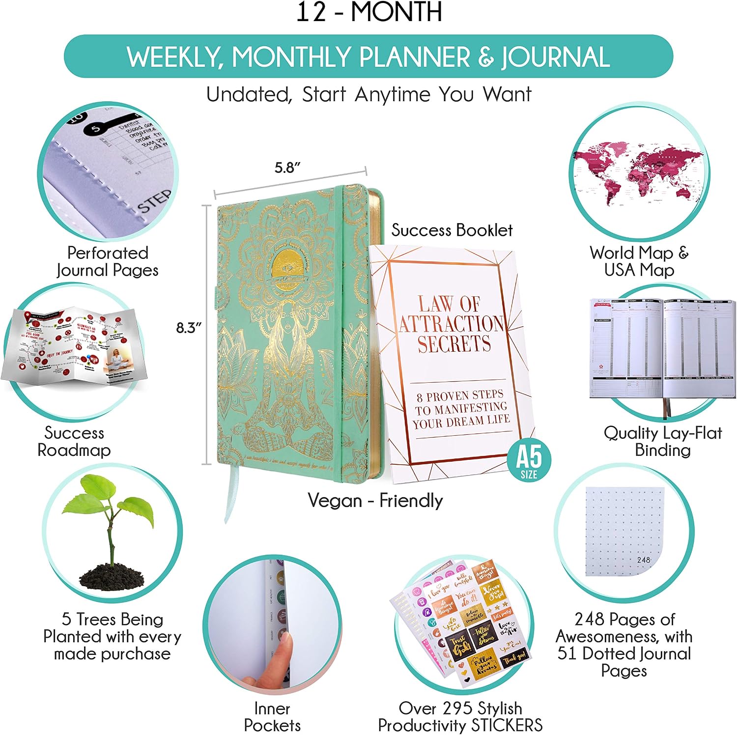 Freedom Mastery - Weekly & Monthly Planner, Soft Turquoise, A5 (Undated) 5.8" x 8.3" - Image 3