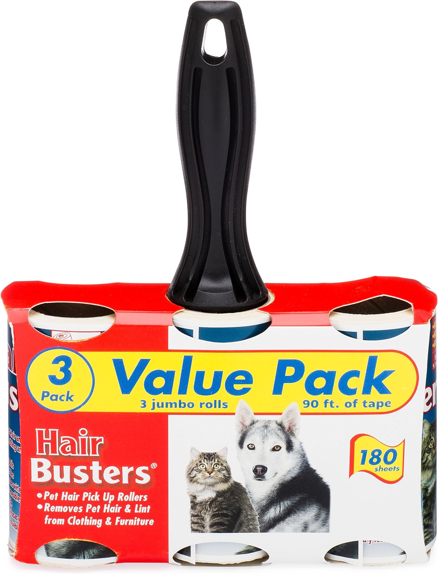Hair Busters Lint Roller Value Pack - Extra Sticky Pet Hair Rollers 3 Rolls, 60 Sheets Per Roll