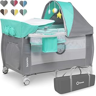 Lionelo Sven Plus 2 in 1 Baby Bett Laufstall Baby ab Geburt bis 15 kg Wickelauflage Moskitonetz luftige Seitenwände mit Seiteneingang Tragetasche zusammenklappbar (Türkis/Grau)