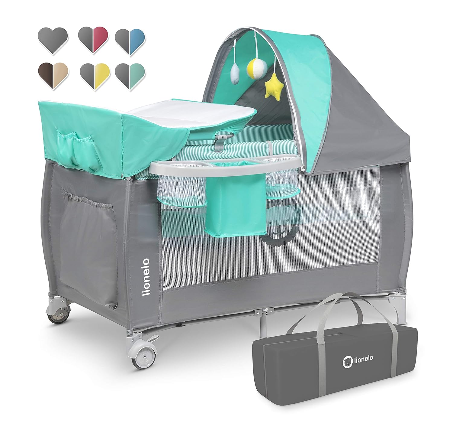 Lionelo Sven Plus 2 in 1 Baby Bett Laufstall Baby ab Geburt bis 15 kg Wickelauflage Moskitonetz luftige Seitenwände mit Seiteneingang Tragetasche zusammenklappbar (Türkis/Grau)