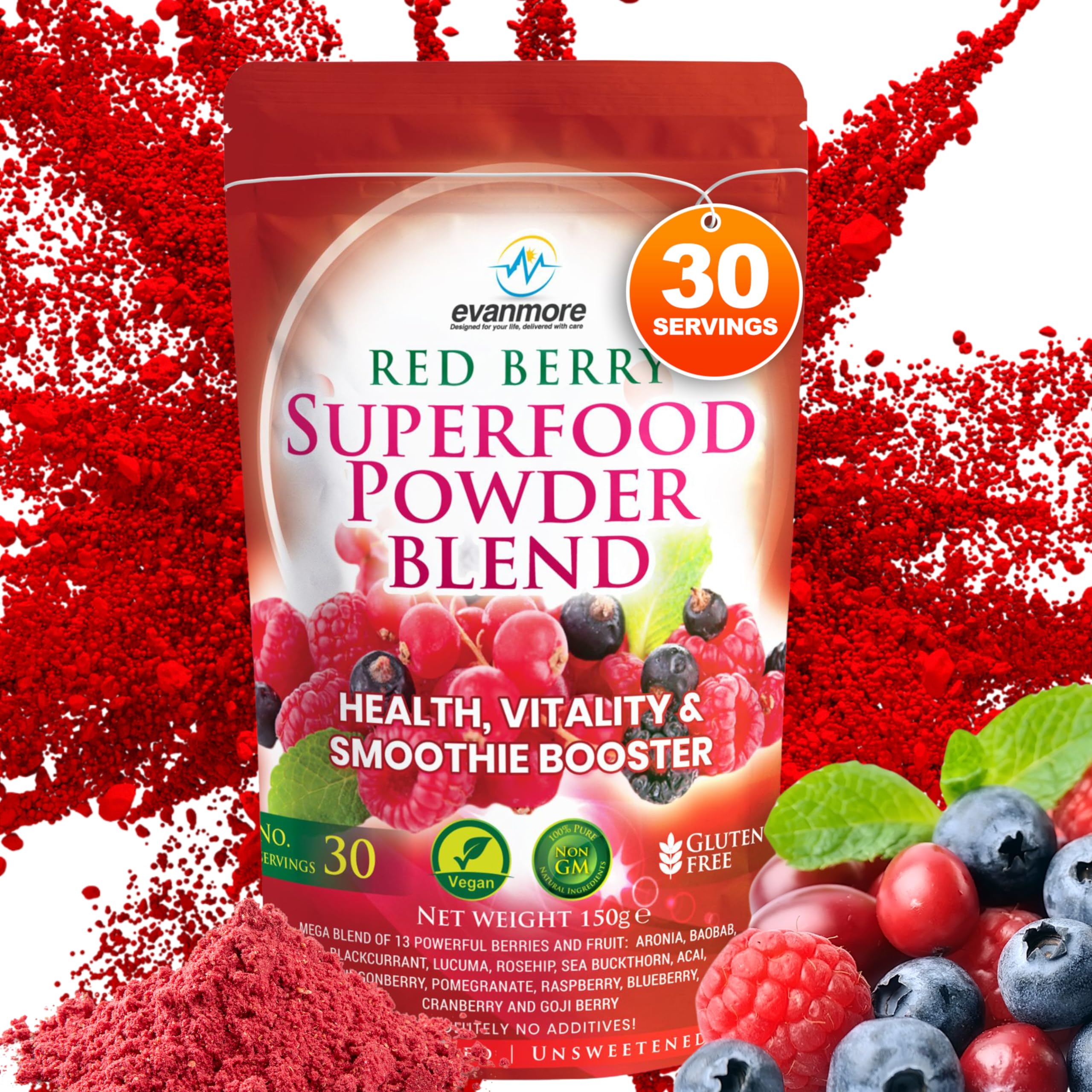 Red Berry Superfood Powder Blend - Evanmore Super Complete Reds Mix Vegan & Vegetarian Friendly Smoothie Juice Health Vitality Booster Supplement - 150g / 30 Servings - Natural Gluten Free Megablend