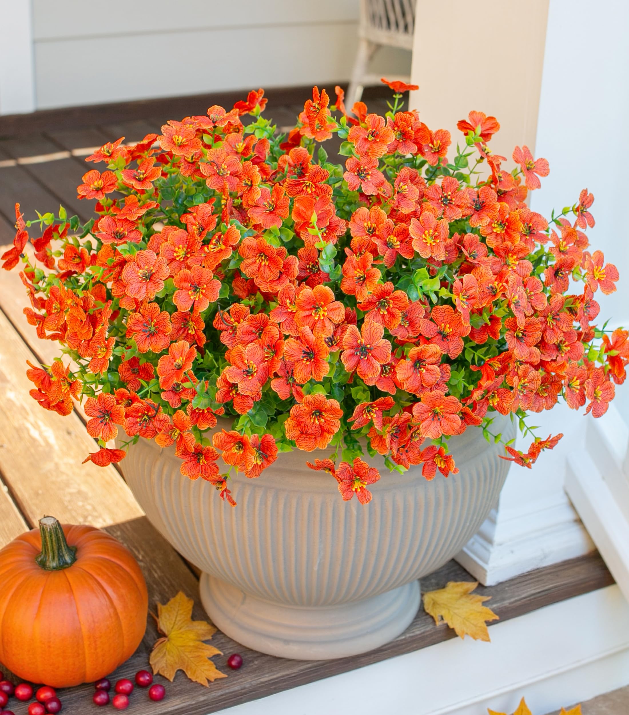 Photo 1 of HyeFlora Artificial Fall Flowers Faux Mums for Outdoor Indoor Garden Home Decoration, Faux Flower Daisy with Eucalyptus Leaves Fake Mums Plants Greenery Boxwood Porch Patio, 12 Bundles, New Orange