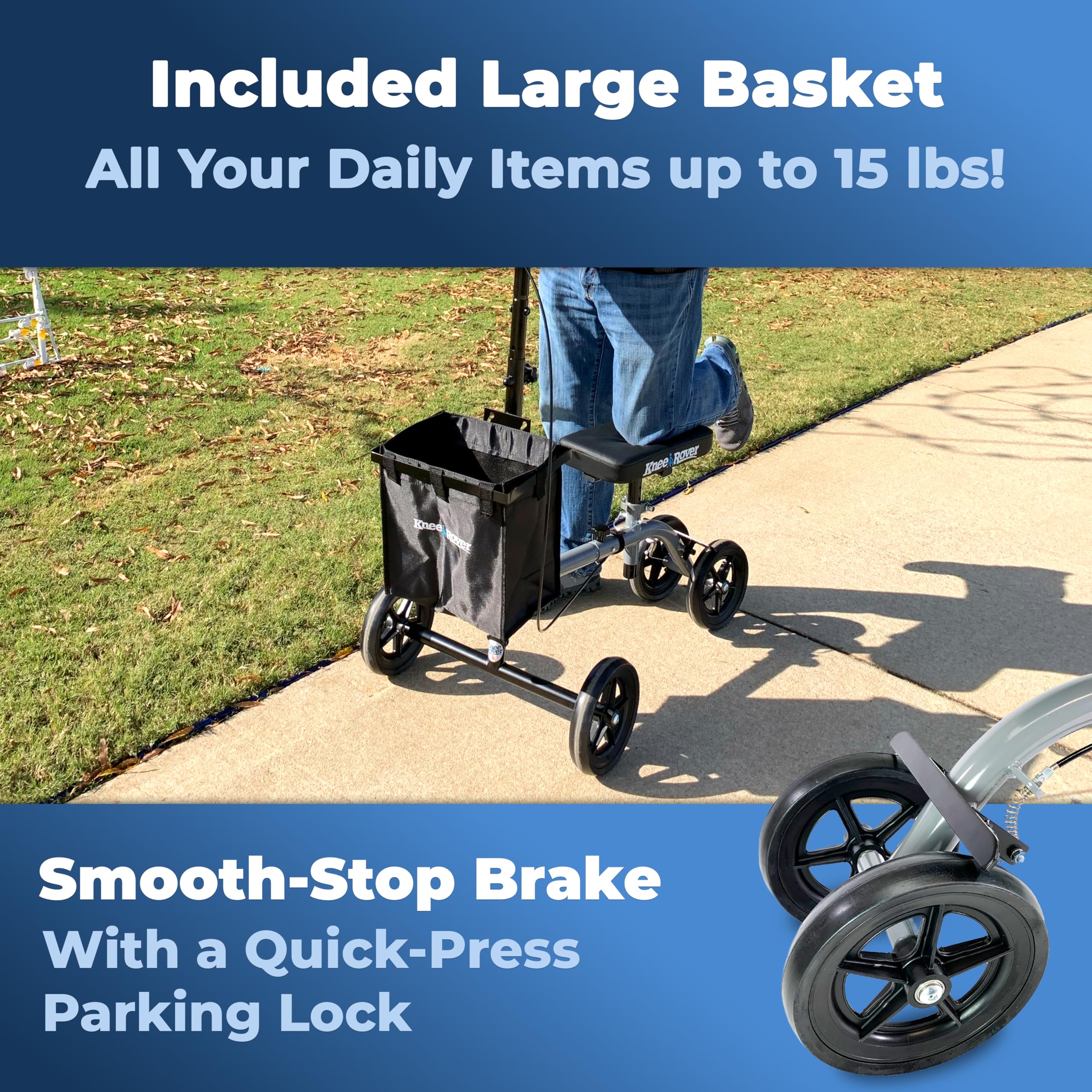 KneeRover Ultra Knee Walker Lightweight Economy Steerable Knee Scooter for Adults for Foot Surgery Broken Ankle Foot Injuries - Knee Rover Scooter for Broken Foot Injured Leg with Basket Gray