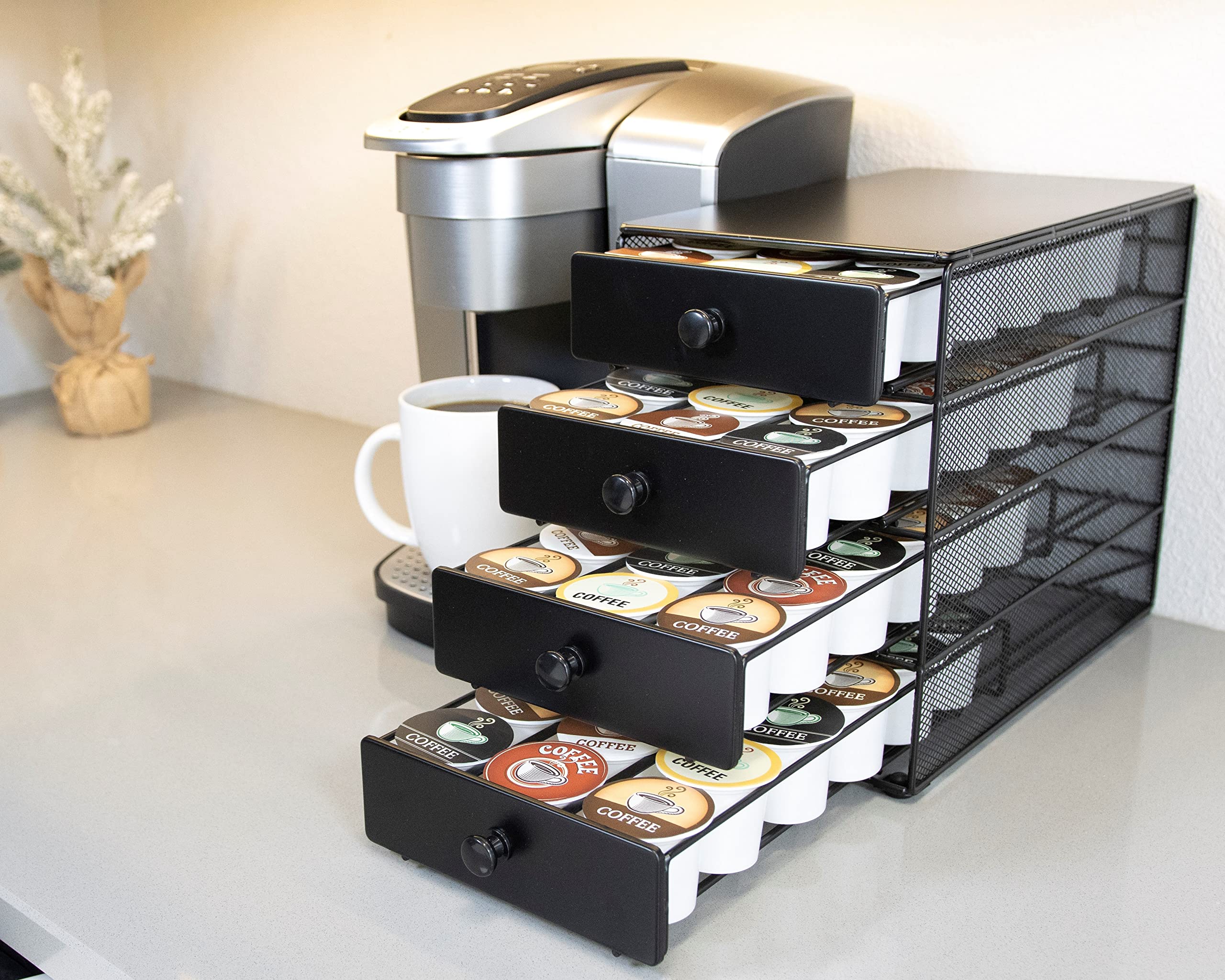 Nifty Coffee Pod Drawer – Black Satin Finish, Compatible with K-Cups, 72 Pod Pack Capacity Rack, 4-Tier Holder, Super-Sized Storage, Stylish Home or Office Kitchen Counter Organizer