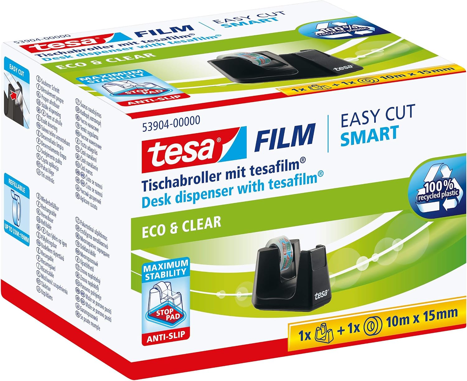 tesa Desk Dispenser SMART Recycled Adhesive Tape Dispenser for Tables/Compact Table Dispenser with Anti-Slip Technology for Adhesive Film incl. 1 roll of tesafilm Clear Recycled 10m x 15mm - Image 3