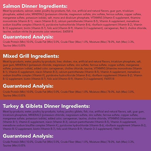 PURINA FRISKIES WET CAT FOOD PATE VARIETY PACK SALMON DINNER, TURKEY AND GIBLETS DINNER AND MIXED GRILL – (2 PACKS OF 12) 5.5 OZ. CANS