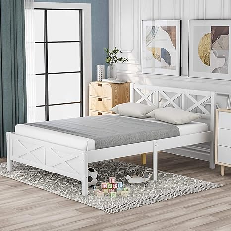 Amazon Com Polibi Full Size Wooden Platform Bed With X Shaped Frame Under Bed Space And Extra Support Legs White Kitchen Dining