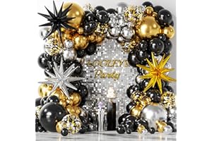 LOOLEY 137Pcs Black Gold and Silver Balloons Garland Arch Kit with Stars - 5 10 12 18 inch Black Gold Silver Latex Party Balloons for New Year Birthday 2026 Graduation Retirement Party Decoration