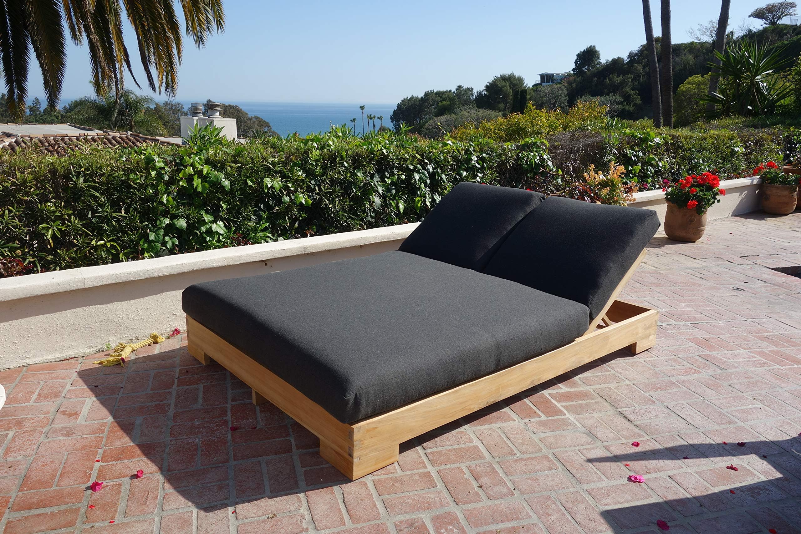 Teak Hollywood Double Chaise Lounger with Sunbrella-Spectrum Carbon Cushions