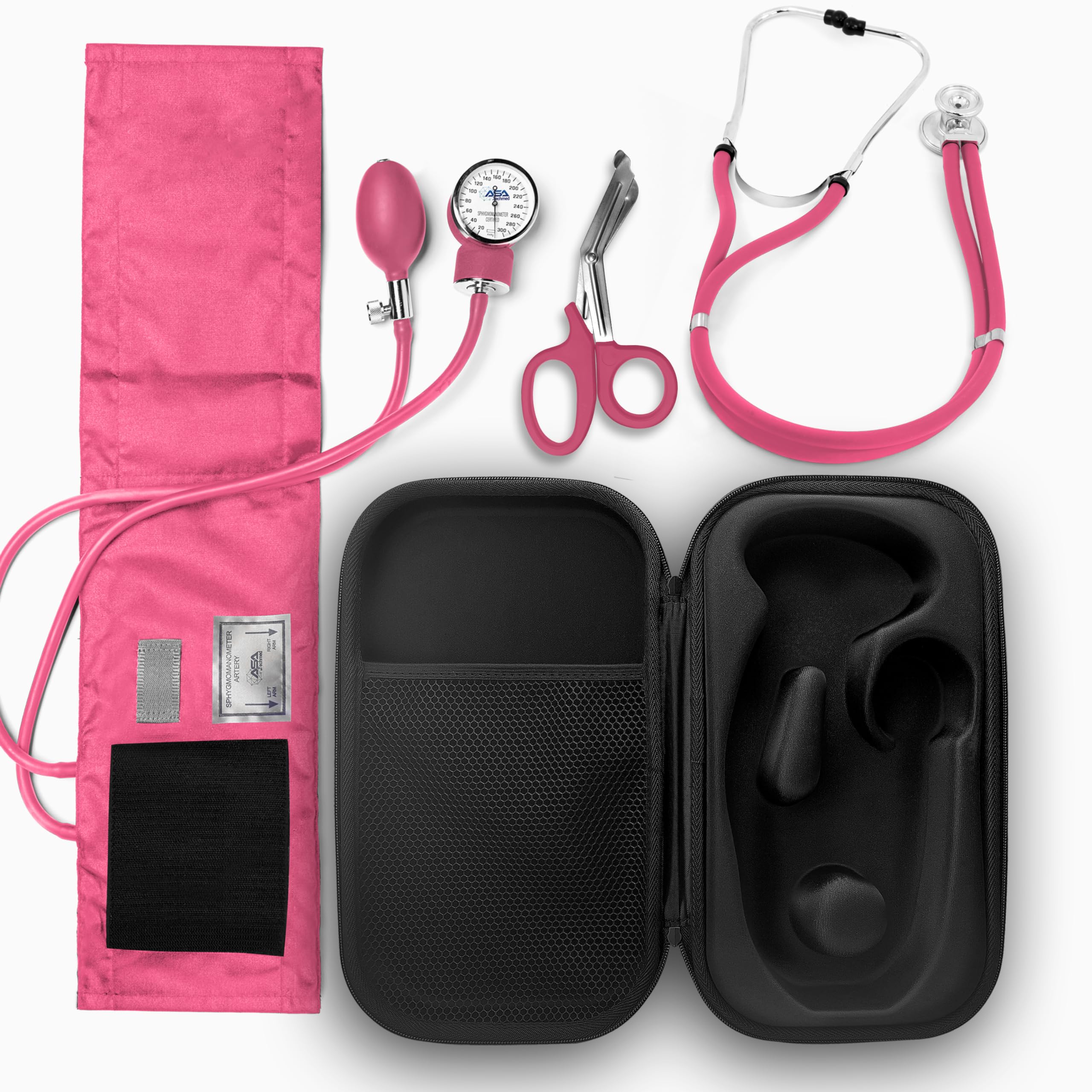 ASA TECHMED Medical Starter Kit - Stethoscope, Durable Blood Pressure Monitor, and EMT Shears and Protective Carrying Case Ideal for Healthcare Professionals, Pink