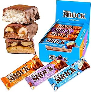 FitnesSHOCK Proteinriegel Set Mix Box Protein Bar ohne Zusatz von Zucker mit hohem 20% Proteingehalt low carb Fitness Eiweissriegel fast zuckerfrei (1g) ballaststoffreich 12x50g