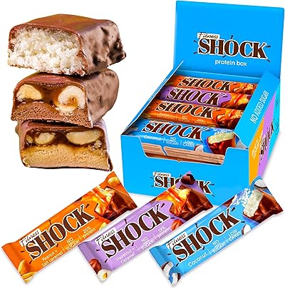 FitnesSHOCK Proteinriegel Set Mix Box Protein Bar ohne Zusatz von Zucker mit hohem 20% Proteingehalt low carb Fitness Eiweissriegel fast zuckerfrei (1g) ballaststoffreich 12x50g