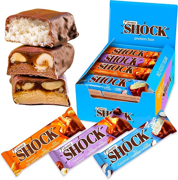 FitnesSHOCK Proteinriegel Set Mix Box Protein Bar ohne Zusatz von Zucker mit hohem 20% Proteingehalt low carb Fitness Eiweissriegel fast zuckerfrei (1g) ballaststoffreich 12x50g