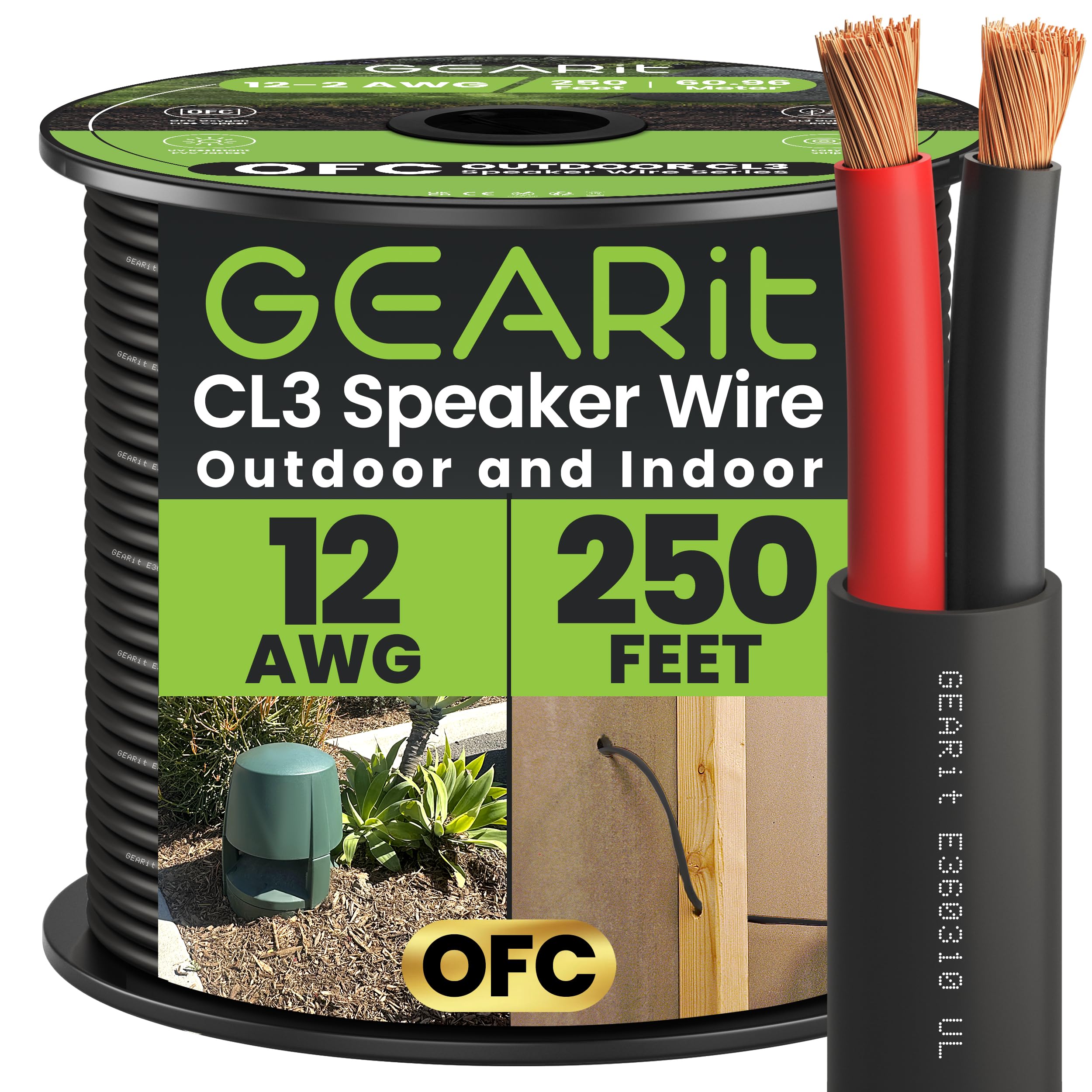 GearIT Outdoor Speaker Wire OFC 2x4mm≤ (76.2 Meters - Black) Oxygen-Free Copper - Hi-Fi Audio Cable for Direct Burial in Ground/in Wall / CL3 CL2 Rated / 2-Conductors - 12 Gauge AWG, 250 Feet