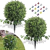 TONAHUTU 28" Artificial Boxwood Ball Bush, UV Resistant Topiary Tree Faux Boxwood Ball Shaped Porch Bushes with Ground Spike Artificial Bushes for Outdoors Front Door Decor Home Garden
