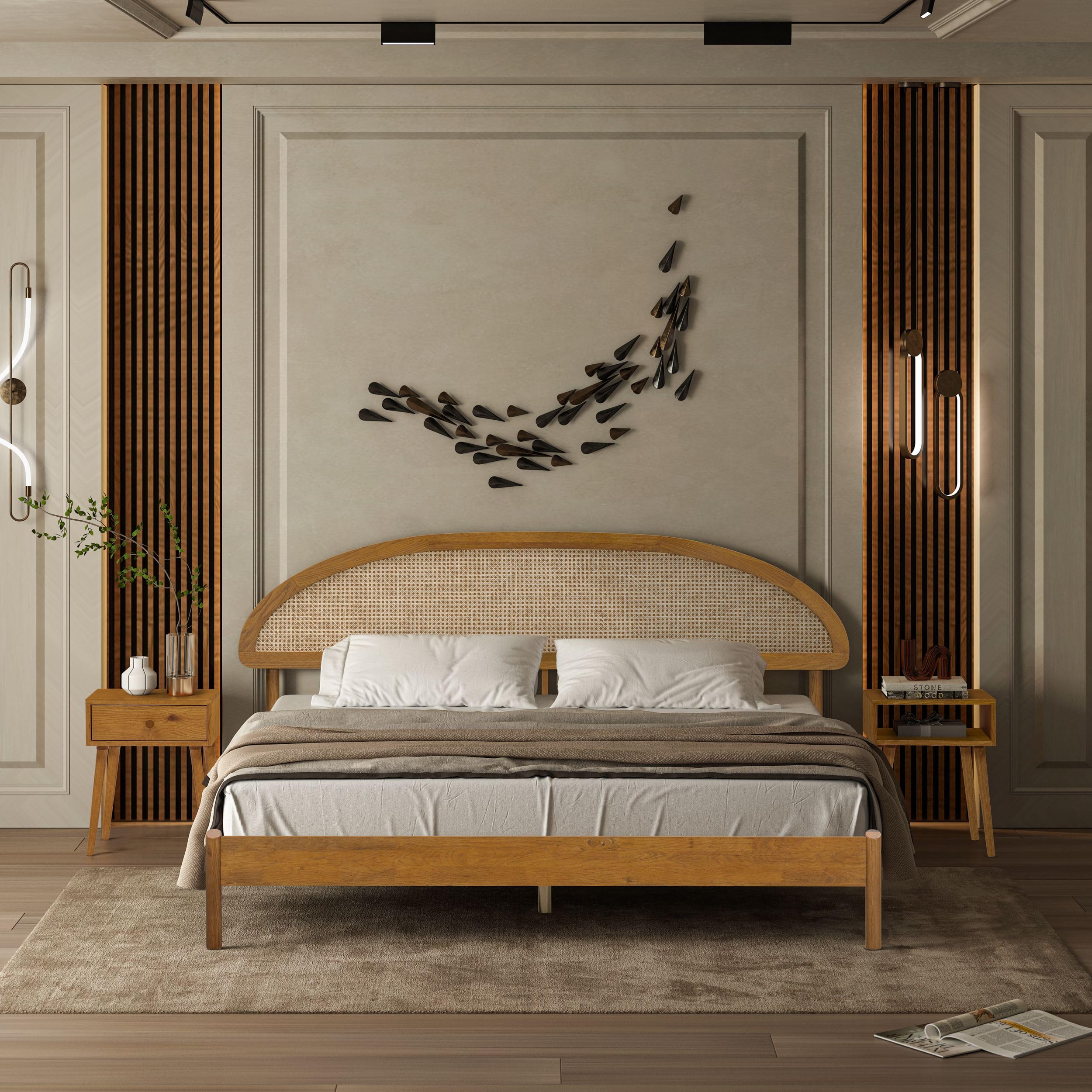 Photo 1 of ** TRUCK/TRAILER PICK UP**  NTC Gem Wooden Bed Frame with Headboard and Natural Rattan, Solid Oak/Rubber Wood Foundation with Silent Slats, 1000 Lb Capacity, Effortless Assembly (Natural Cane - Rustic Oak, King)