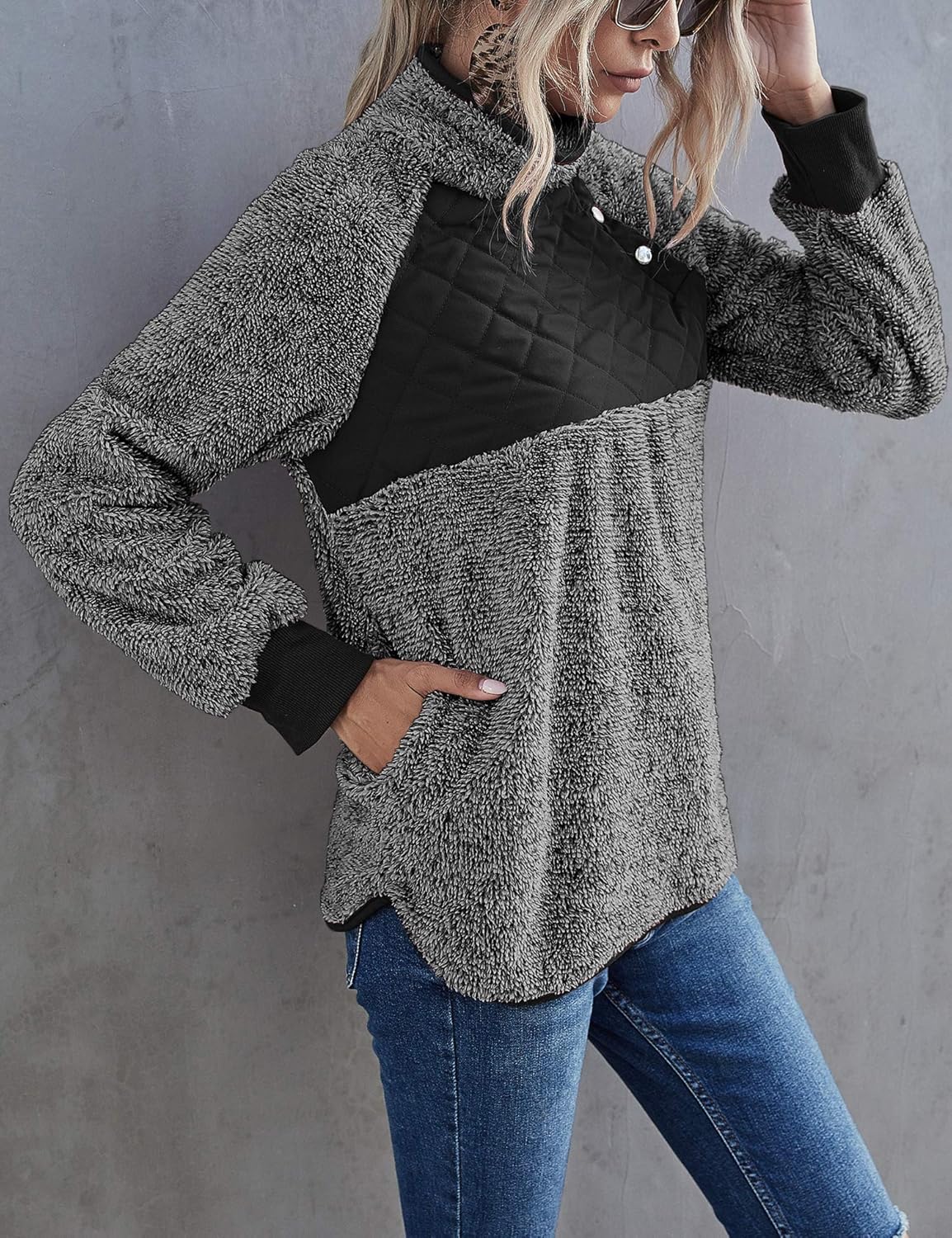 Romanstii Women Fleece Pullover Sweatshirt Oblique Button Neck Long Sleeve Warm Casual Coat Outwear(S-XXL): Clothing