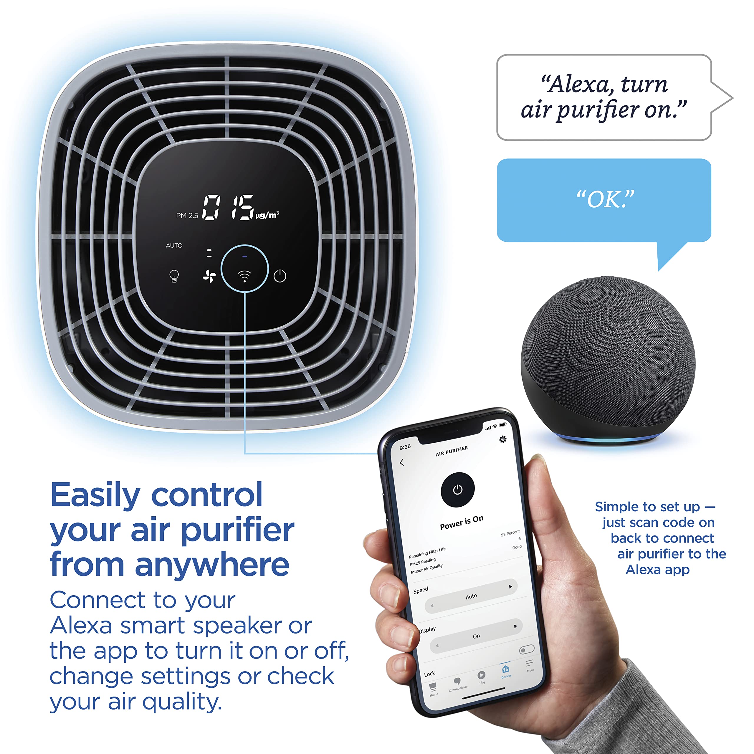 Clorox Smart Air Purifiers for Home, True HEPA Filter, Works with Alexa, Large Rooms up to 1,500 Sq Ft, Removes 99.9% of Viruses, Wildfire Smoke, Allergies, Dust, AUTO Mode, Whisper Quiet, White