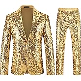 MOGU Suits for Men, 2-Piece Shiny Sequin Tuxedo with Floral Pattern for Party, Banquet, Proms, 70S Disco