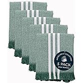 HEIRLOOM COMFORT Monochrome Stripe Kitchen Towels 5 Pack, 16x26 Inch, 100% Cotton, Super Absorbent & Quick Dry, Durable, Fringed Dish Towel for Drying Dishes, Washable, Everyday Use, Forest Green