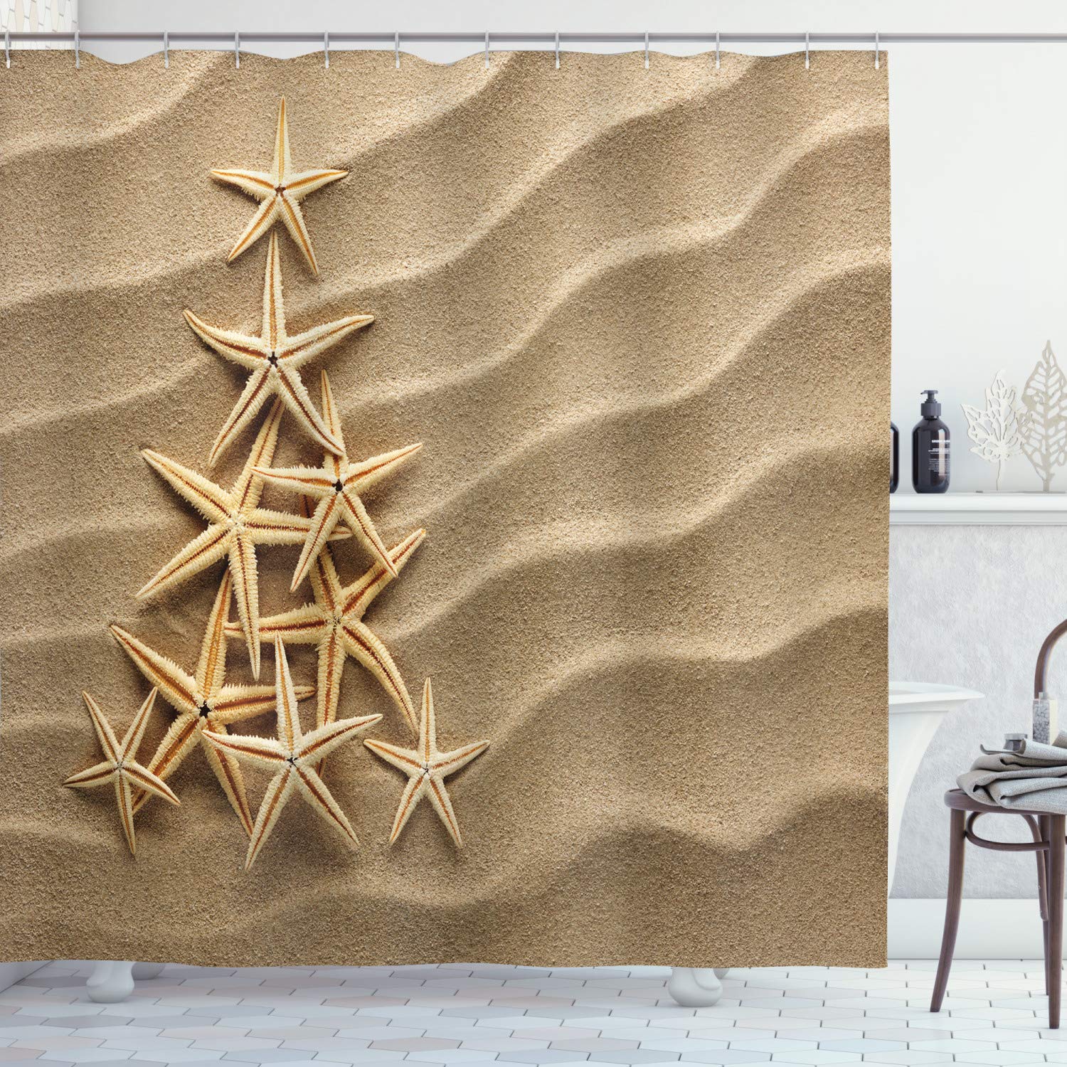 ABAKUHAUS Starfish Shower Curtain, Christmas Tree from Shells on the Sand Maritime Summer Coast Holiday Vacation, Cloth Fabric Bathroom Decor Set with Hooks, 86 Inches Extra Long, Pale Brown