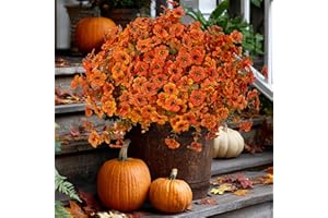 AXYLEX Artificial Fall Flowers Outdoor Fake Mums - 16 Bundles Fake Plants UV Resistant No Fade Faux Plastic Greenery Garden Porch Patio Fall Home Decor (Orangegreen)