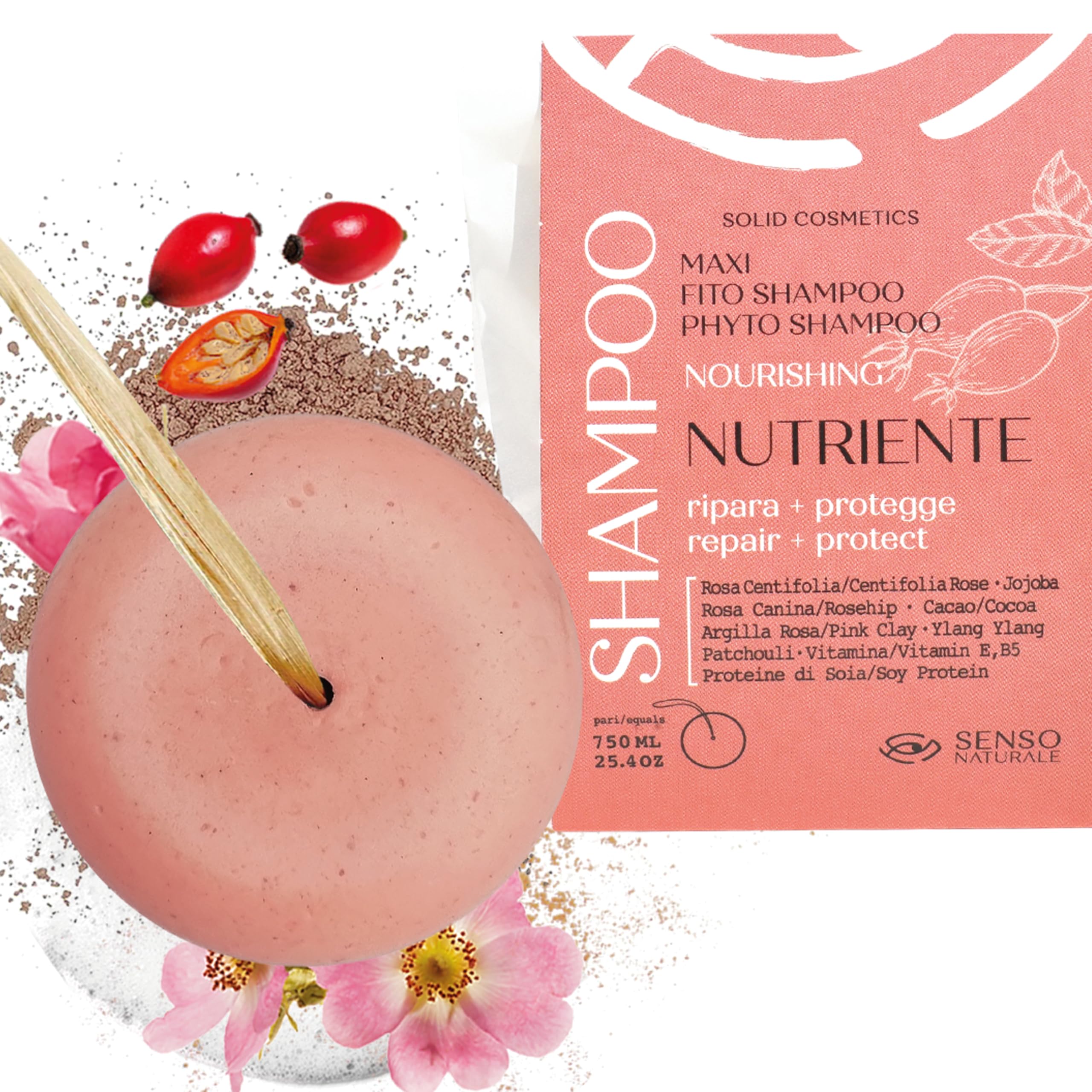 Senso Naturale Solid Shampoo Nourishing and Repairing for Dry Hair and Split Ends, Repairs and Protects Damaged Hair, Organic and Vegan with Rosehip, Pink Clay, Ylang Ylang PH 4.5-5.5 (1)