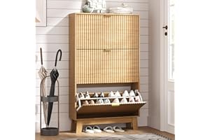 HUANLEGO Shoe Cabinet Storage for Entryway with 3 Flip Drawers, Fluted Narrow Shoe Organizer with Wooden Legs, Freestanding Slim Shoe Storage Hidden Shoe Rack Organizer for Front Door Entrance, Oak