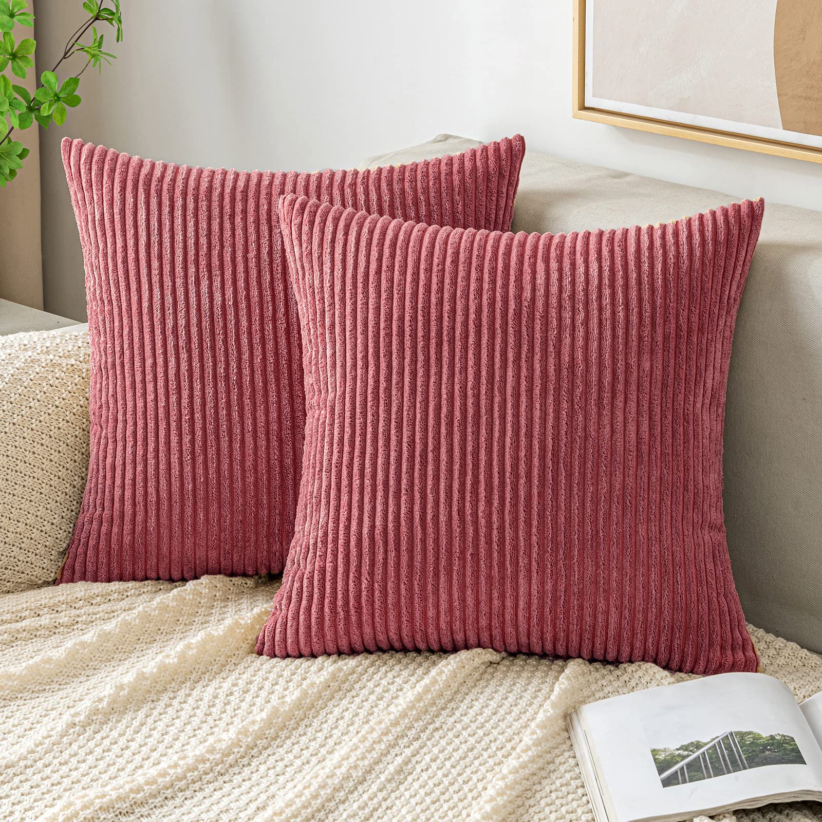EMEMA Cushion Covers Corduroy Square Throw Pillow Covers Striped Soft Sham Home for Sofa Couch Bedroom Decorative Pillowcases 16x16 Inch 40x40cm Set of 2 Jam