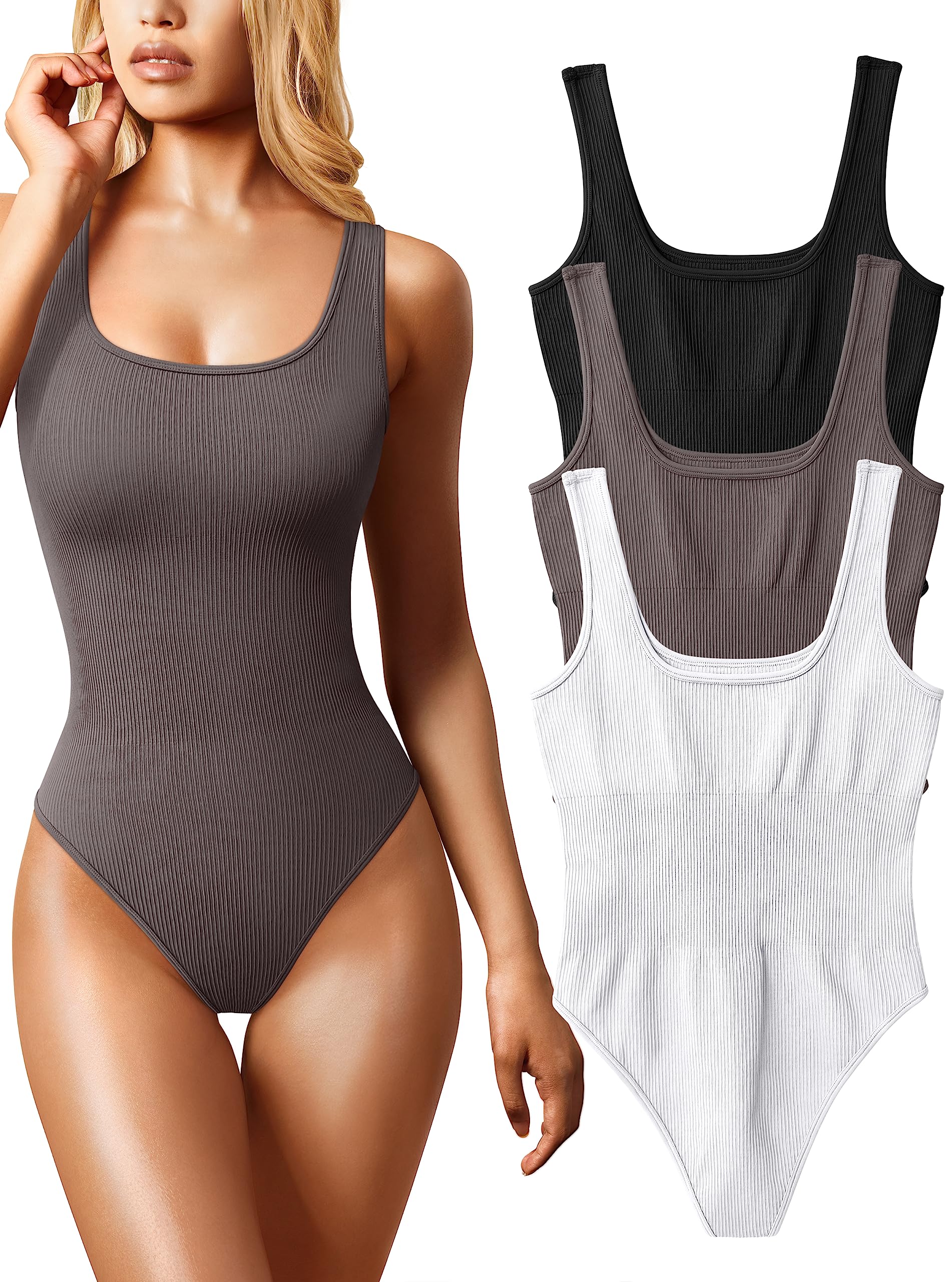 Photo 1 of (USED/FAIR) (BAGGED) OQQ Women's 3 Piece Bodysuits Sexy Ribbed Sleeveless Square Neck Tank Tops Leotard 2025 Trendy Outfits Black Tea leaf White
