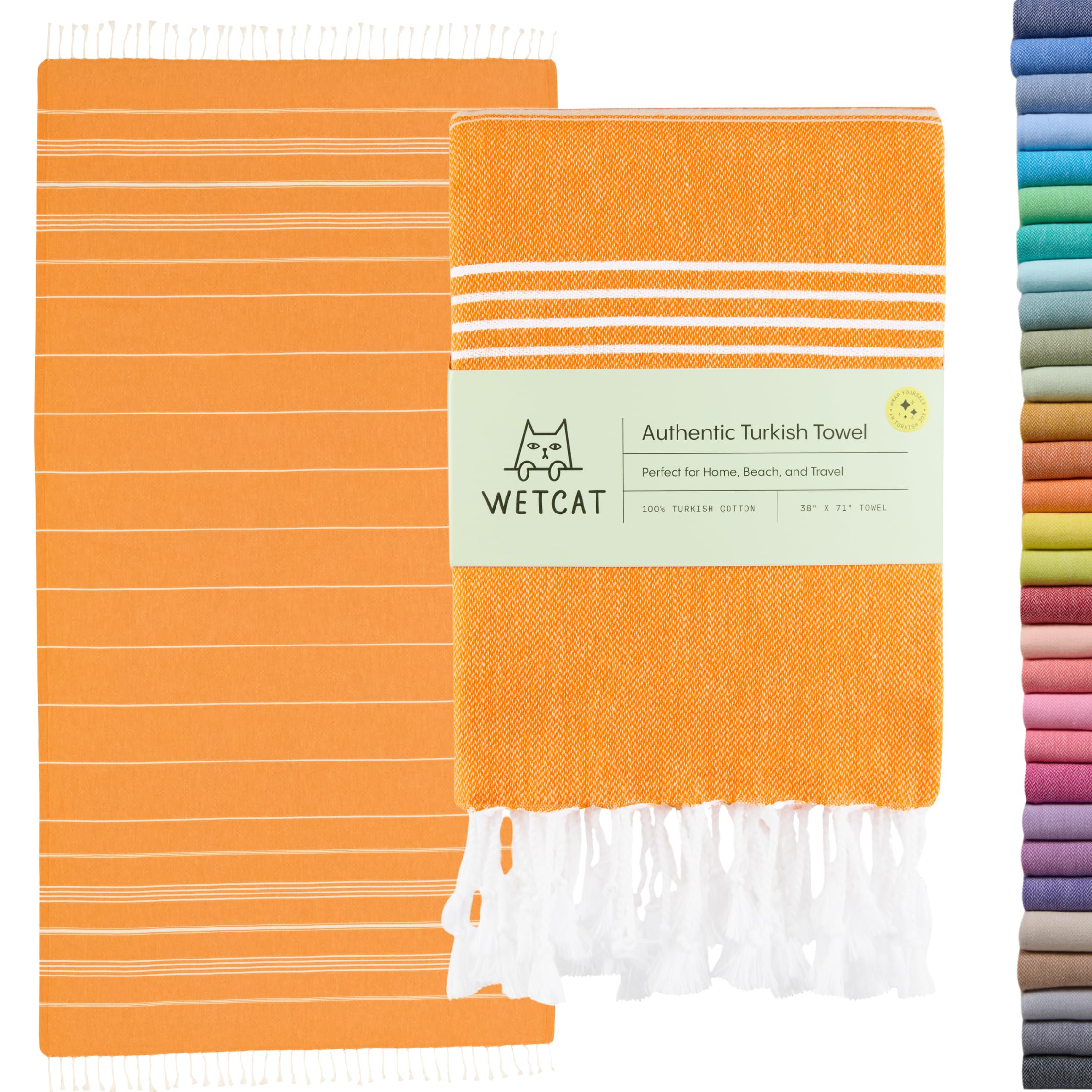 WETCAT Turkish Beach Towel, Plus Size, 96 x 180 cm, 100% Cotton, Sand Free, Quick Drying, Extra Large, Turkish Towel, Lightweight Travel Towel for Adults, Beach Accessories, Orange