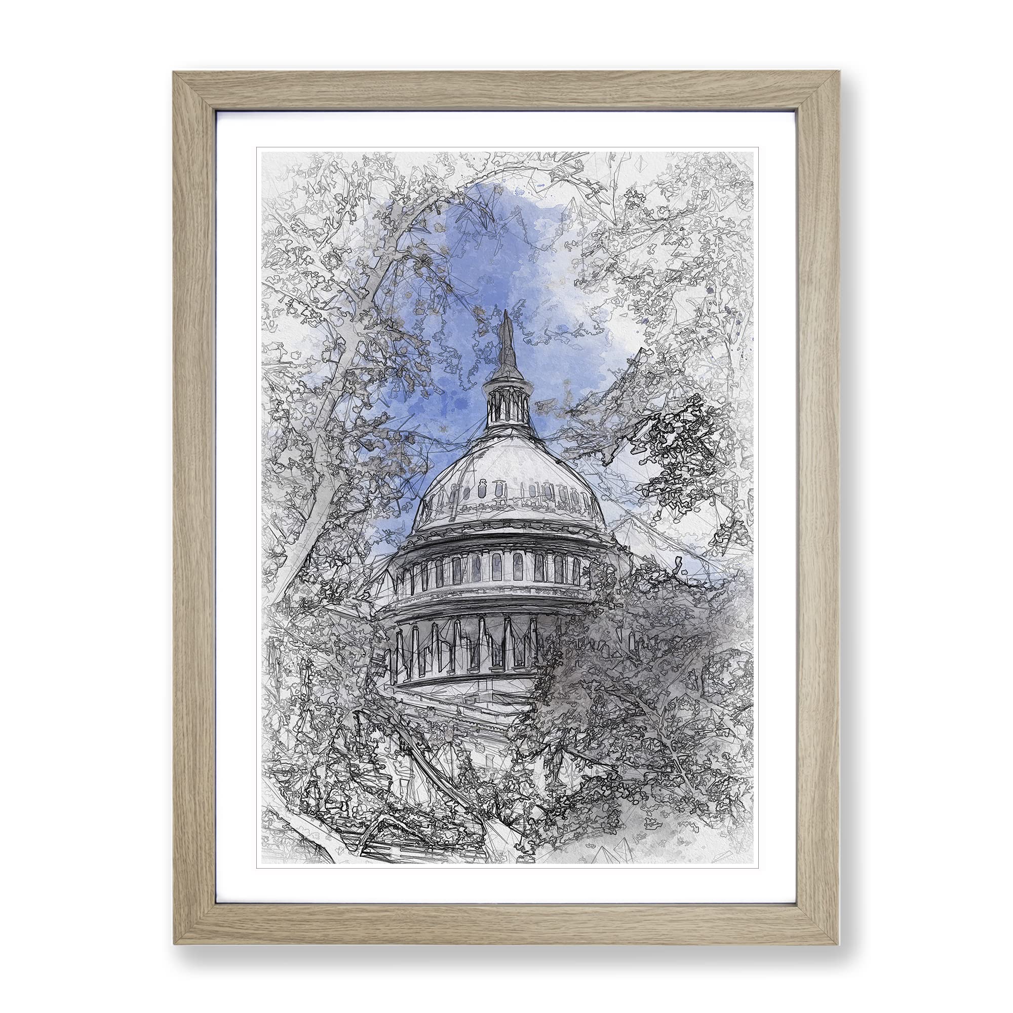 Capitol Hill & Cherry Blossom Tree In Abstract Modern Framed Wall Art Print, Ready to Hang Picture for Living Room Bedroom Home Office Décor, Oak A4 (34 x 25 cm)