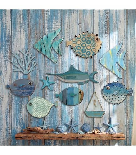 Lot de 2 décorations murales en bois représentant des poissons, style rustique, sur le thème d'une maison de plage, d'un lac côtier ou d'un océan, pour salle de bain, chambre à coucher Lot de 2 décorations murales en bois représentant des poissons, style rustique, sur le thème d'une maison de plage, d'un lac côtier ou d'un océan, pour salle de bain, chambre à coucher