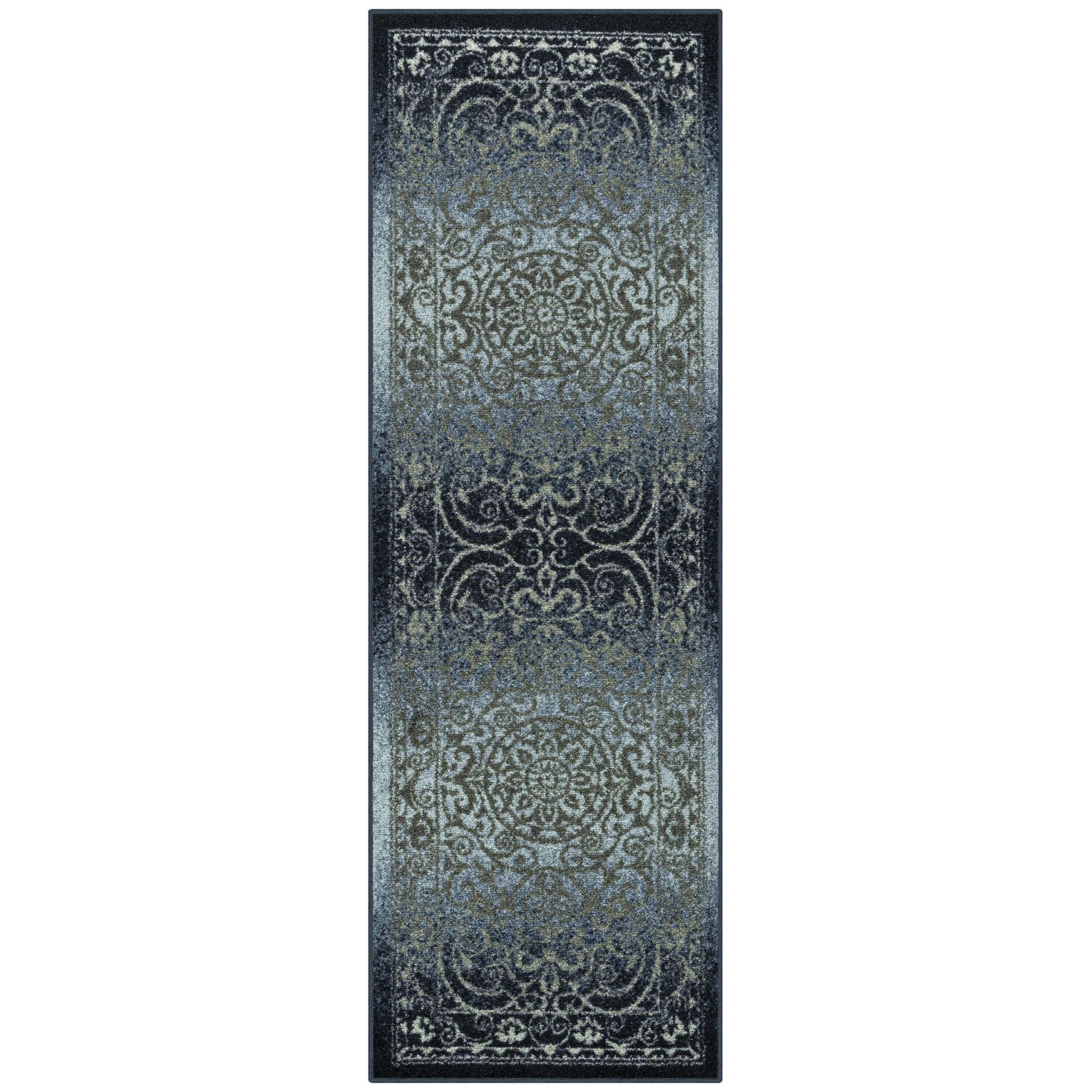 Maples Rugs Pelham Vintage Runner Rug Non Slip Hallway Entry Carpet [Made in USA], 2 x 6, Navy/Grey