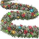 [ Timer & 8 Modes ] TURNMEON 9 Ft Christmas Garland with 50 Colorful Lights Thicker 270 Branchs Tips 10 Pinecones 70 Red Berries Lighted Garland Christmas Decorations Mantel