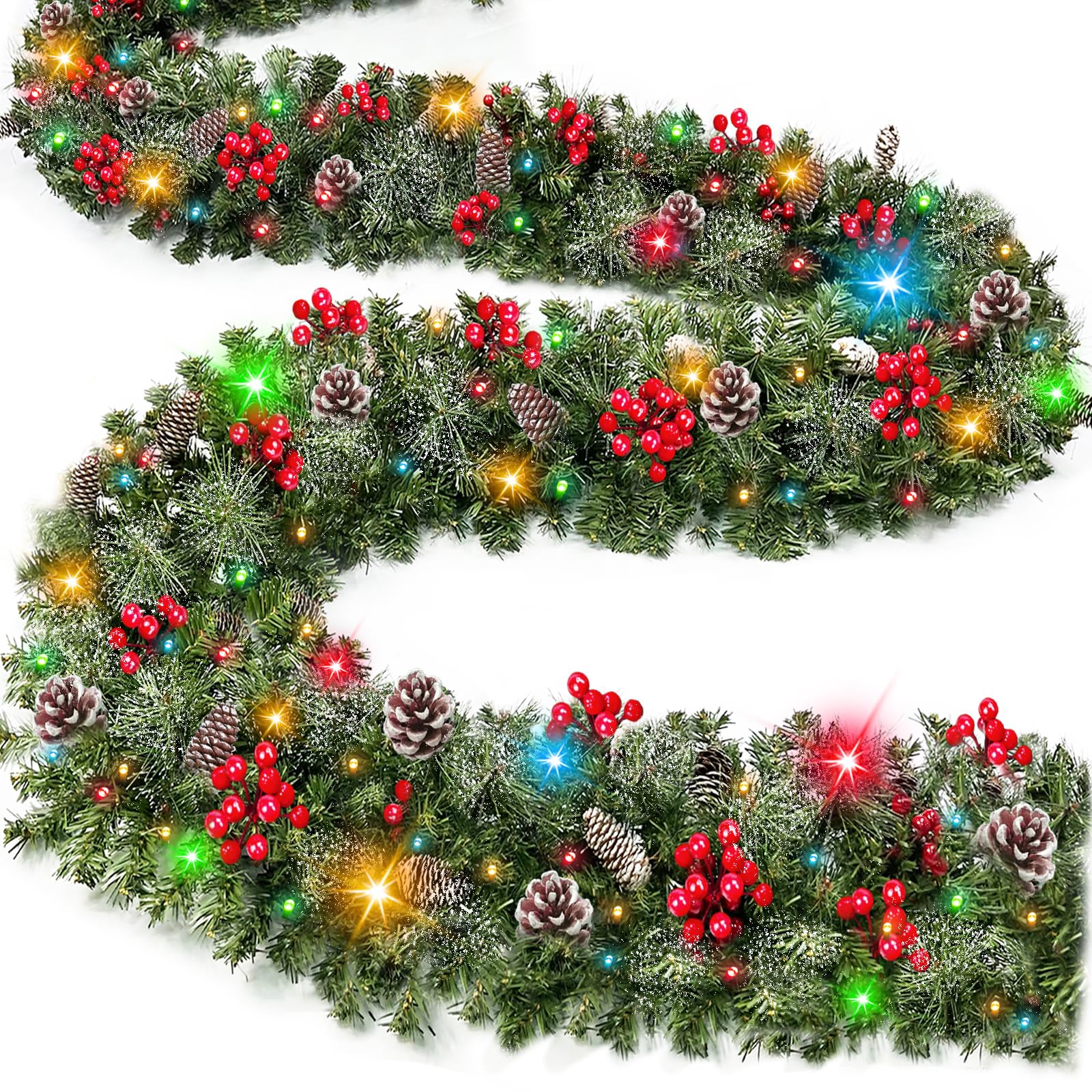 Photo 1 of [ Timer & 8 Modes ] TURNMEON 9 Ft Christmas Garland with 50 Colorful Lights Thicker 270 Branchs Tips 10 Pinecones 70 Red Berries Lighted Garland Christmas Decorations Mantel