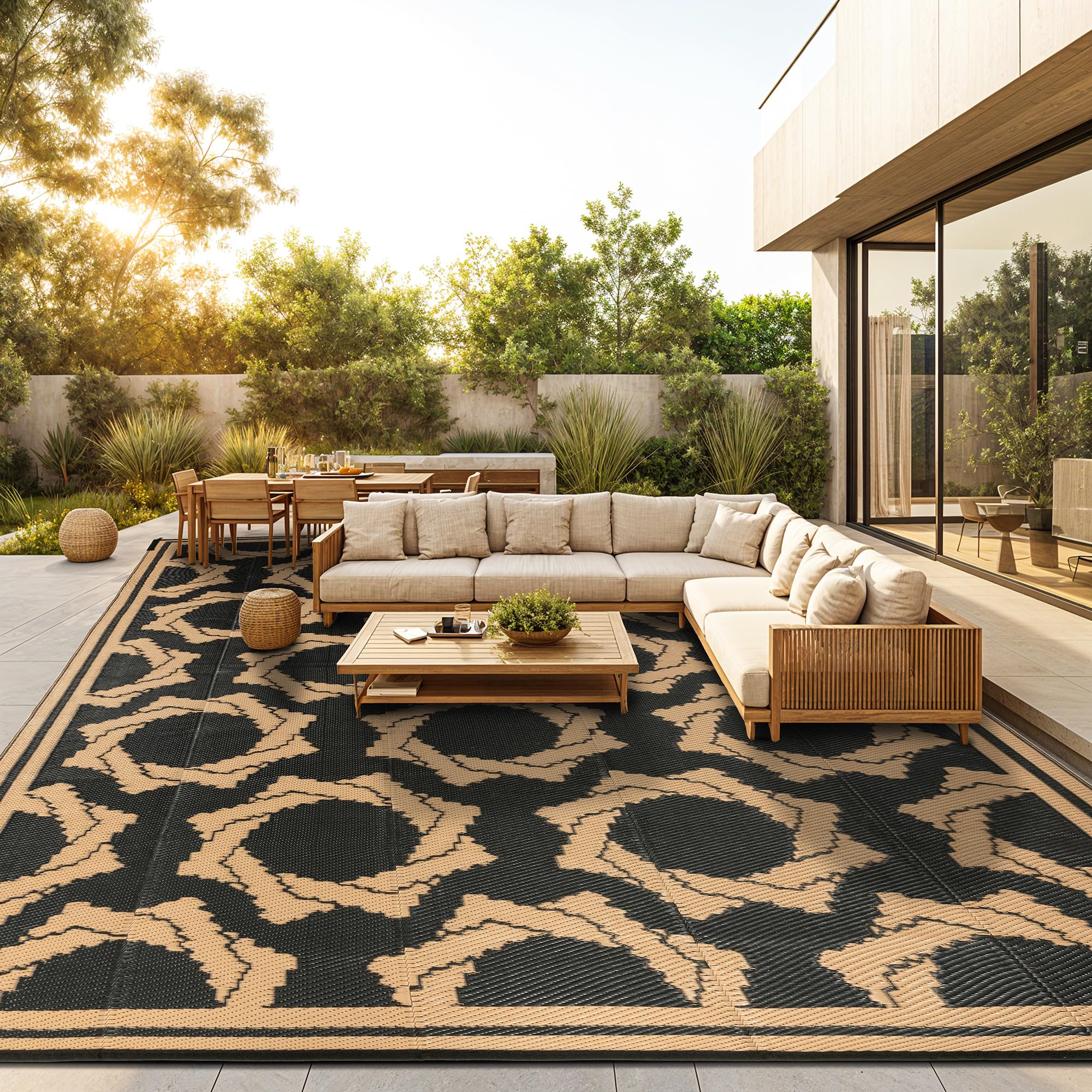 Photo 1 of (used/fair) LBRO2M Waterproof Outdoor Rugs 9X12 for Patio Outdoor Plastic Straw Rug Reversible Outdoor Camping Rug for RV, Deck, Beach (9X12 Black Brown)