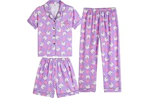 Vopmocld Girls Pajama Sets - 3pcs Button Down Short Sleeve Long Pants With Shorts Sleepwear Cute Patterns Nighty For Teens