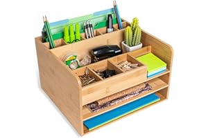 MissionMax Bamboo Wood Desk Organizer, Max Storage with Two File Trays, Vertical File, Pens, Pads and Other Bins to Hold Your Work Necessities