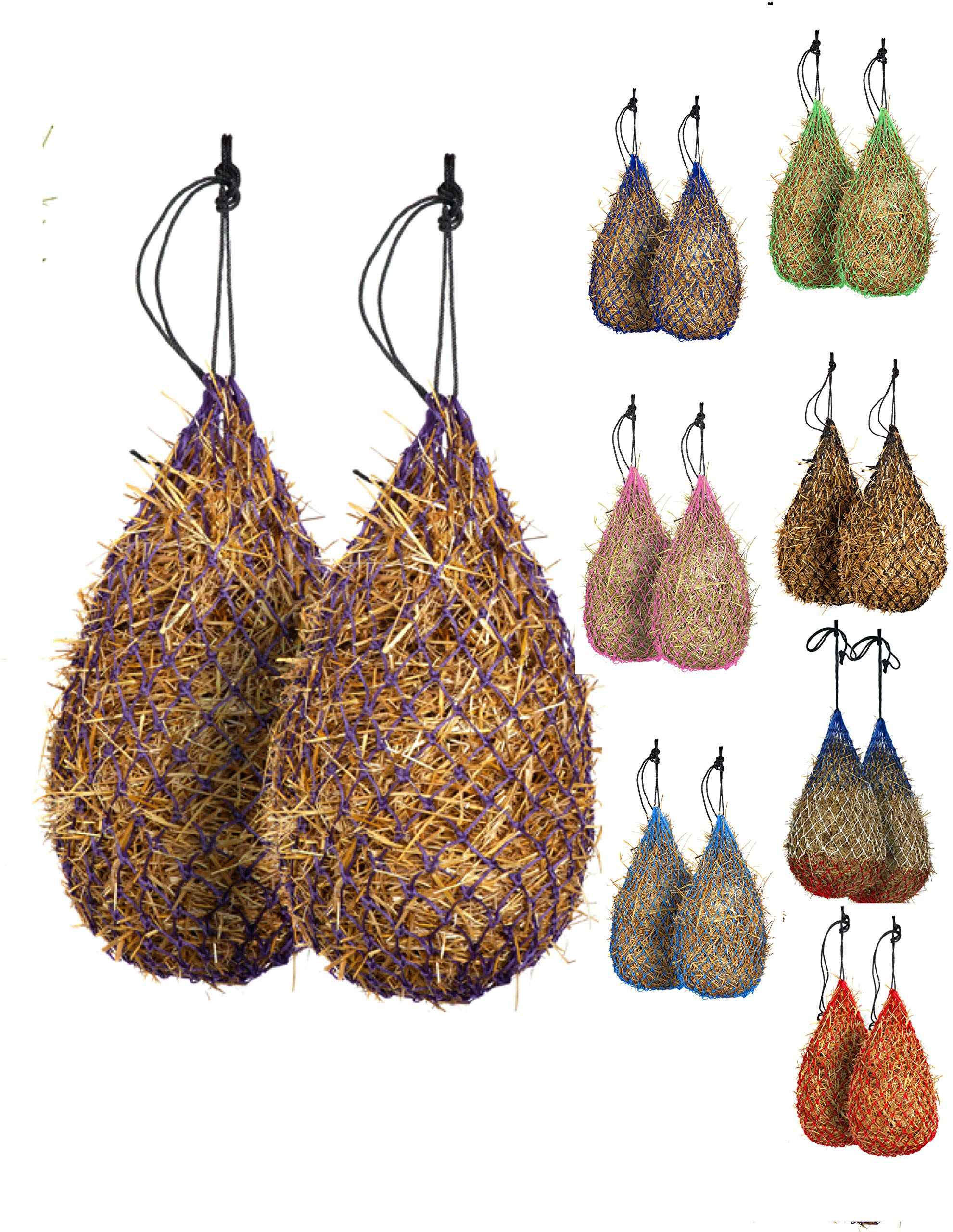 Majestic Ally 2 pcs Slow Feed 42” Hay Net for Horses, Strong Small 2x2” Holes, Nylon Rope Hanging, Adjustable Travel Feeder for Trailer and Stall, Simulates Grazing, Reduce Waste (Purple)