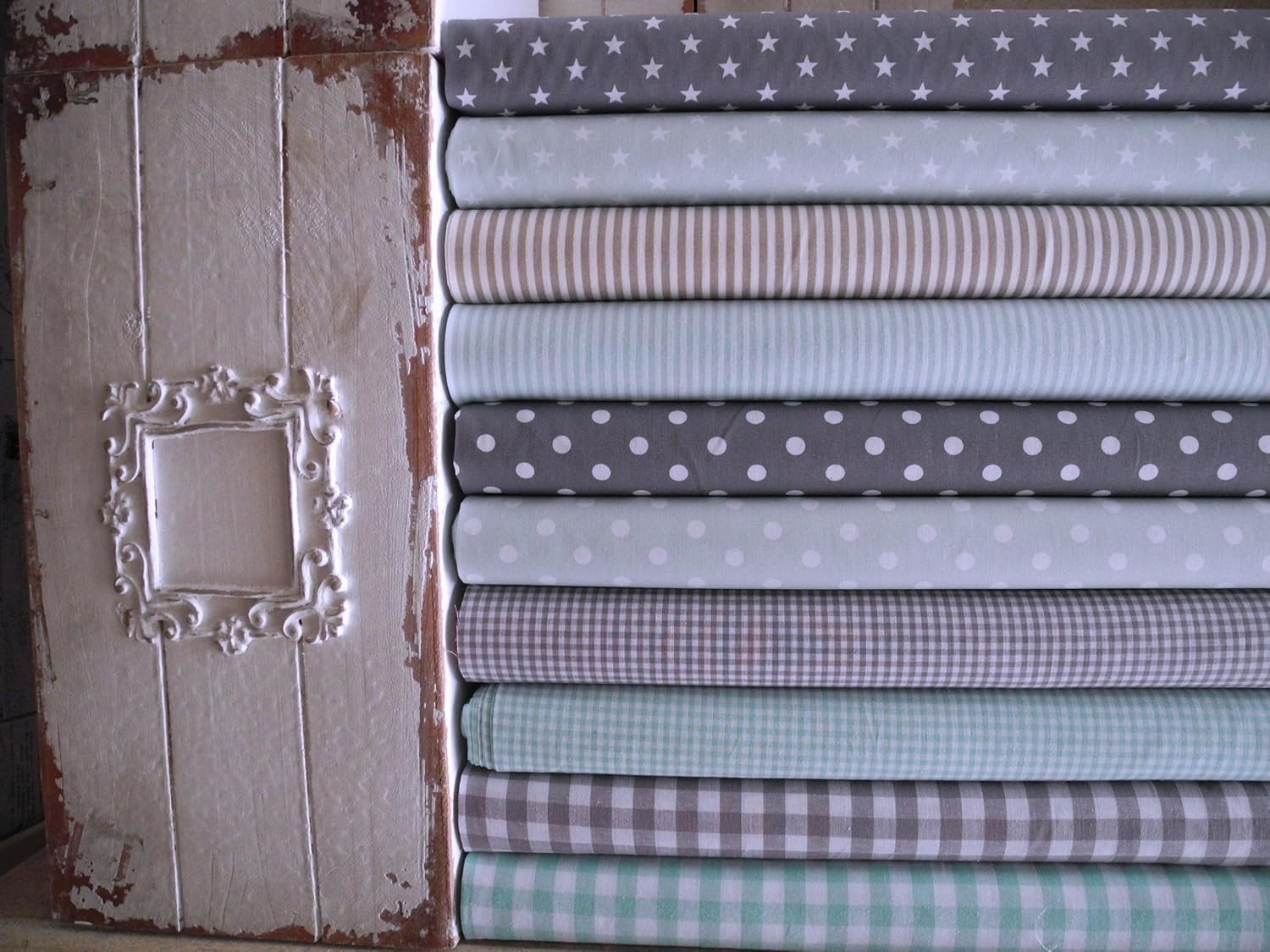 10x Stoff Grau Mint Stoffpaket No33 Stoffe Patchwork Tupfen Sterne Shabby Chic
