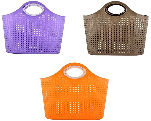 Nakoda Plastic Hand-Powered Storage Basket (EHP010, 7 cm x 11 cm x 7 cm, Orange, Brown and Blue, Pack of 3)